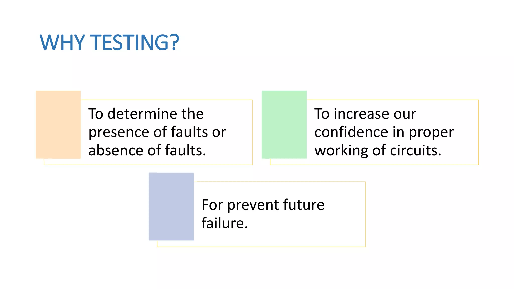 WHY TESTING?
To determine the
presence of faults or
absence of faults.
To increase our
confidence in proper
working of circuits.
For prevent future
failure.
 