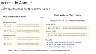 Acerca do Ataque
Slides apresentados por Niek Timmers em 2016.
FONTE: https://pt.slideshare.net/riscure/controlling-pc-on-arm-using-fault-injection
 