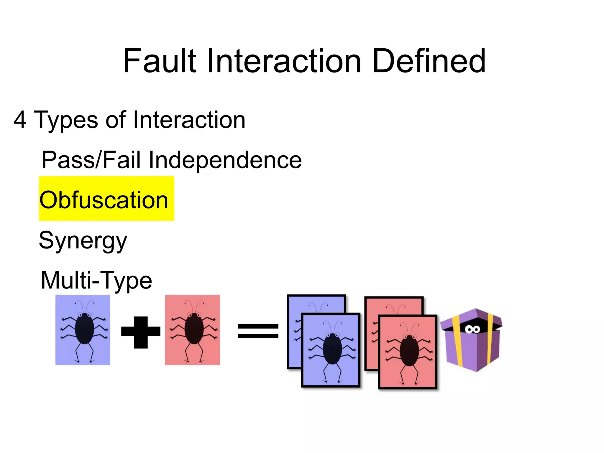 Fault Interaction Defined 4 Types of Interaction Pass/Fail Independence Obfuscation Synergy Multi-Type 