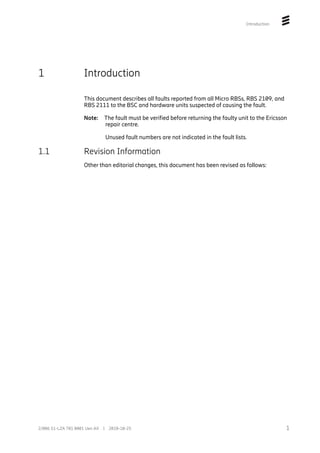 Introduction
1 Introduction
This document describes all faults reported from all Micro RBSs, RBS 2109, and
RBS 2111 to the BSC and hardware units suspected of causing the fault.
Note: The fault must be verified before returning the faulty unit to the Ericsson
repair centre.
Unused fault numbers are not indicated in the fault lists.
1.1 Revision Information
Other than editorial changes, this document has been revised as follows:
1
2/006 51-LZA 701 0001 Uen AX | 2018-10-25
 
