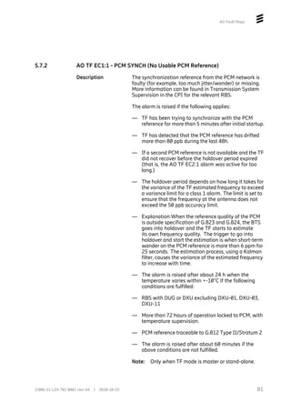 AO Fault Maps
5.7.2 AO TF EC1:1 - PCM SYNCH (No Usable PCM Reference)
Description The synchronization reference from the PCM network is
faulty (for example, too much jitter/wander) or missing.
More information can be found in Transmission System
Supervision in the CPI for the relevant RBS.
The alarm is raised if the following applies:
— TF has been trying to synchronize with the PCM
reference for more than 5 minutes after initial startup.
— TF has detected that the PCM reference has drifted
more than 80 ppb during the last 48h.
— If a second PCM reference is not available and the TF
did not recover before the holdover period expired
(that is, the AO TF EC2:1 alarm was active for too
long.)
— The holdover period depends on how long it takes for
the variance of the TF estimated frequency to exceed
a variance limit for a class 1 alarm. The limit is set to
ensure that the frequency at the antenna does not
exceed the 50 ppb accuracy limit.
— Explanation:When the reference quality of the PCM
is outside specification of G.823 and G.824, the BTS
goes into holdover and the TF starts to estimate
its own frequency quality. The trigger to go into
holdover and start the estimation is when short-term
wander on the PCM reference is more than 6 ppm for
25 seconds. The estimation process, using a Kalman
filter, causes the variance of the estimated frequency
to increase with time.
— The alarm is raised after about 24 h when the
temperature varies within +-10°C if the following
conditions are fulfilled:
— RBS with DUG or DXU excluding DXU-01, DXU-03,
DXU-11
— More than 72 hours of operation locked to PCM, with
temperature supervision.
— PCM reference traceable to G.812 Type II/Stratum 2
— The alarm is raised after about 60 minutes if the
above conditions are not fulfilled.
Note: Only when TF mode is master or stand-alone.
81
2/006 51-LZA 701 0001 Uen AX | 2018-10-25
 