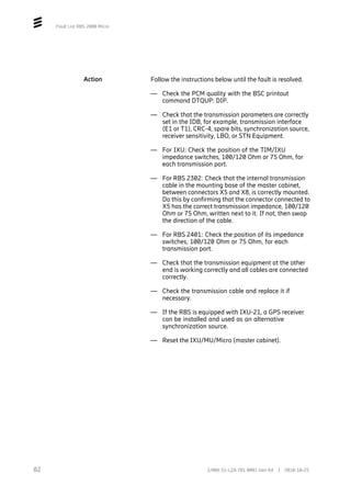 Fault List RBS 2000 Micro
Action Follow the instructions below until the fault is resolved.
— Check the PCM quality with the BSC printout
command DTQUP: DIP.
— Check that the transmission parameters are correctly
set in the IDB, for example, transmission interface
(E1 or T1), CRC-4, spare bits, synchronization source,
receiver sensitivity, LBO, or STN Equipment.
— For IXU: Check the position of the TIM/IXU
impedance switches, 100/120 Ohm or 75 Ohm, for
each transmission port.
— For RBS 2302: Check that the internal transmission
cable in the mounting base of the master cabinet,
between connectors X5 and X8, is correctly mounted.
Do this by confirming that the connector connected to
X5 has the correct transmission impedance, 100/120
Ohm or 75 Ohm, written next to it. If not, then swap
the direction of the cable.
— For RBS 2401: Check the position of its impedance
switches, 100/120 Ohm or 75 Ohm, for each
transmission port.
— Check that the transmission equipment at the other
end is working correctly and all cables are connected
correctly.
— Check the transmission cable and replace it if
necessary.
— If the RBS is equipped with IXU-21, a GPS receiver
can be installed and used as an alternative
synchronization source.
— Reset the IXU/MU/Micro (master cabinet).
82 2/006 51-LZA 701 0001 Uen AX | 2018-10-25
 