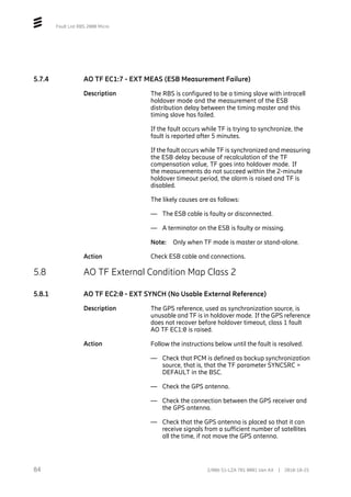 Fault List RBS 2000 Micro
5.7.4 AO TF EC1:7 - EXT MEAS (ESB Measurement Failure)
Description The RBS is configured to be a timing slave with intracell
holdover mode and the measurement of the ESB
distribution delay between the timing master and this
timing slave has failed.
If the fault occurs while TF is trying to synchronize, the
fault is reported after 5 minutes.
If the fault occurs while TF is synchronized and measuring
the ESB delay because of recalculation of the TF
compensation value, TF goes into holdover mode. If
the measurements do not succeed within the 2-minute
holdover timeout period, the alarm is raised and TF is
disabled.
The likely causes are as follows:
— The ESB cable is faulty or disconnected.
— A terminator on the ESB is faulty or missing.
Note: Only when TF mode is master or stand-alone.
Action Check ESB cable and connections.
5.8 AO TF External Condition Map Class 2
5.8.1 AO TF EC2:0 - EXT SYNCH (No Usable External Reference)
Description The GPS reference, used as synchronization source, is
unusable and TF is in holdover mode. If the GPS reference
does not recover before holdover timeout, class 1 fault
AO TF EC1:0 is raised.
Action Follow the instructions below until the fault is resolved.
— Check that PCM is defined as backup synchronization
source, that is, that the TF parameter SYNCSRC =
DEFAULT in the BSC.
— Check the GPS antenna.
— Check the connection between the GPS receiver and
the GPS antenna.
— Check that the GPS antenna is placed so that it can
receive signals from a sufficient number of satellites
all the time, if not move the GPS antenna.
84 2/006 51-LZA 701 0001 Uen AX | 2018-10-25
 