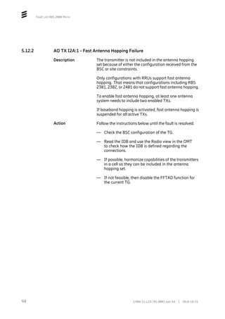 Fault List RBS 2000 Micro
5.12.2 AO TX I2A:1 - Fast Antenna Hopping Failure
Description The transmitter is not included in the antenna hopping
set because of either the configuration received from the
BSC or site constraints.
Only configurations with RRUs support fast antenna
hopping. That means that configurations including RBS
2301, 2302, or 2401 do not support fast antenna hopping.
To enable fast antenna hopping, at least one antenna
system needs to include two enabled TXs.
If baseband hopping is activated, fast antenna hopping is
suspended for all active TXs.
Action Follow the instructions below until the fault is resolved.
— Check the BSC configuration of the TG.
— Read the IDB and use the Radio view in the OMT
to check how the IDB is defined regarding the
connections.
— If possible, harmonize capabilities of the transmitters
in a cell so they can be included in the antenna
hopping set.
— If not feasible, then disable the FFTAD function for
the current TG.
94 2/006 51-LZA 701 0001 Uen AX | 2018-10-25
 