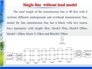 The total length of the transmission line is 90 Km with 6
sections different underground and overhead transmission line,
model for line transmission line has 6 block with two source
have parameter with length 5km, block2=5km, block3=20km,
block4 =20km, block 5=20km and Block6=20km
 
