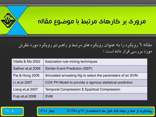 /16 ‫از‬ ‫استفاده‬ ‫با‬ ‫ها‬ ‫فایل‬ ‫الگ‬ ‫مبنای‬ ‫بر‬ ‫خطا‬ ‫از‬ ‫پیشگیری‬RI‫و‬SVMs-‫بهار‬1394
‫مقاله‬ ‫موضوع‬ ‫با‬ ‫مرتبط‬ ‫کارهای‬ ‫بر‬ ‫مروری‬
‫مقاله‬6‫نظرش‬ ‫مورد‬ ‫رویکرد‬ ‫راهبردی‬ ‫و‬ ‫مرتبط‬ ‫های‬ ‫رویکرد‬ ‫عنوان‬ ‫به‬ ‫را‬ ‫رویکرد‬
‫است‬ ‫داده‬ ‫قرار‬ ‫بررسی‬ ‫مورد‬:
Vilalta & Ma 2002 Assiciation rule mining techniques
Salfner et,al 2006 Similar Event Prediction (SEP)
Pai & Hong 2006 Simulated annealing Alg to select the parameters of an SVM
Li et,al 2007 COX PH Model to provide a rigorous statistical prediction
Liang et,al 2007 Temporal Compression $ Spactioal Compression
Fulp et,al 2008 SVM
4
 