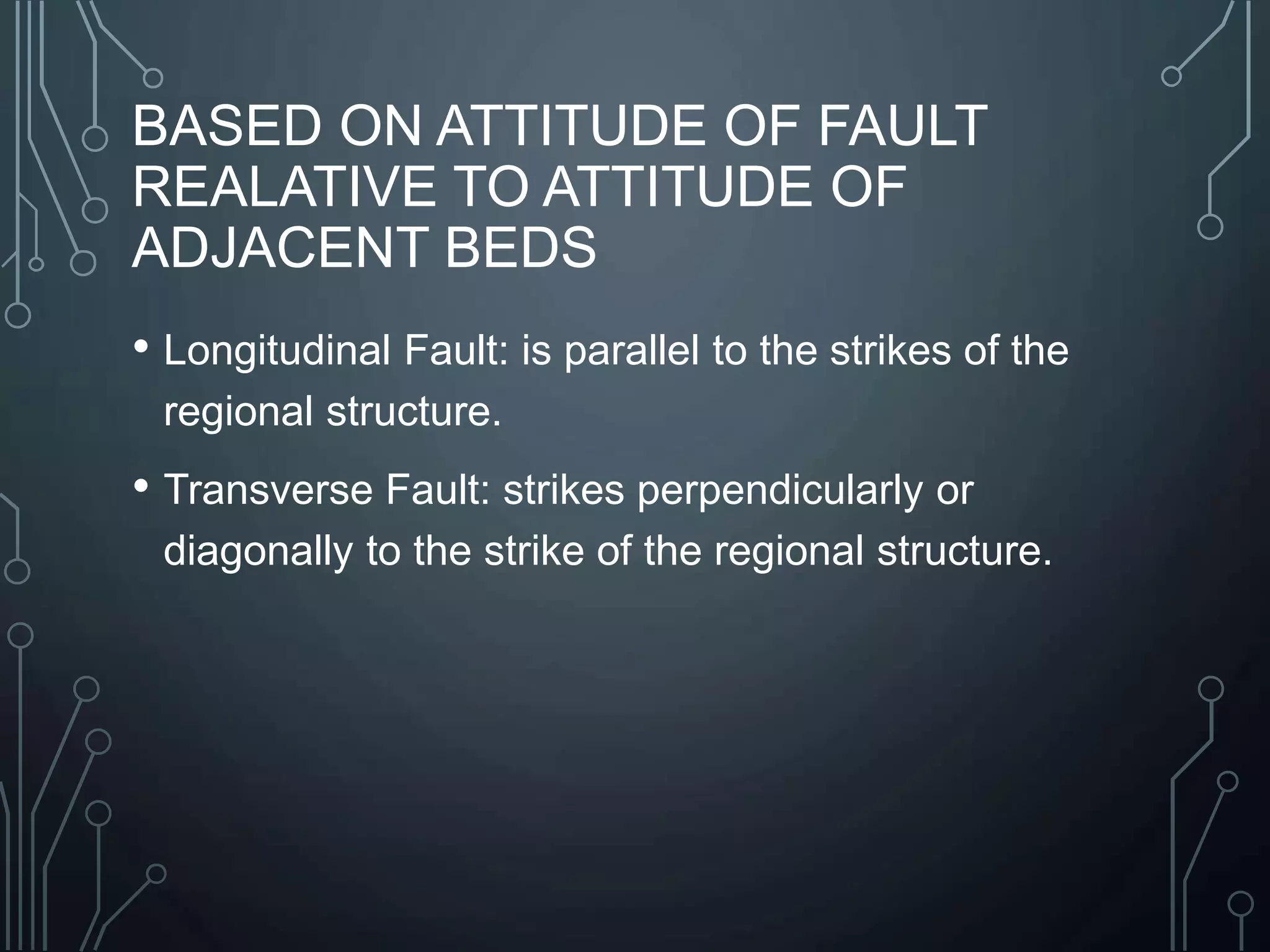 BASED ON ATTITUDE OF FAULT
REALATIVE TO ATTITUDE OF
ADJACENT BEDS
• Longitudinal Fault: is parallel to the strikes of the
regional structure.
• Transverse Fault: strikes perpendicularly or
diagonally to the strike of the regional structure.
 