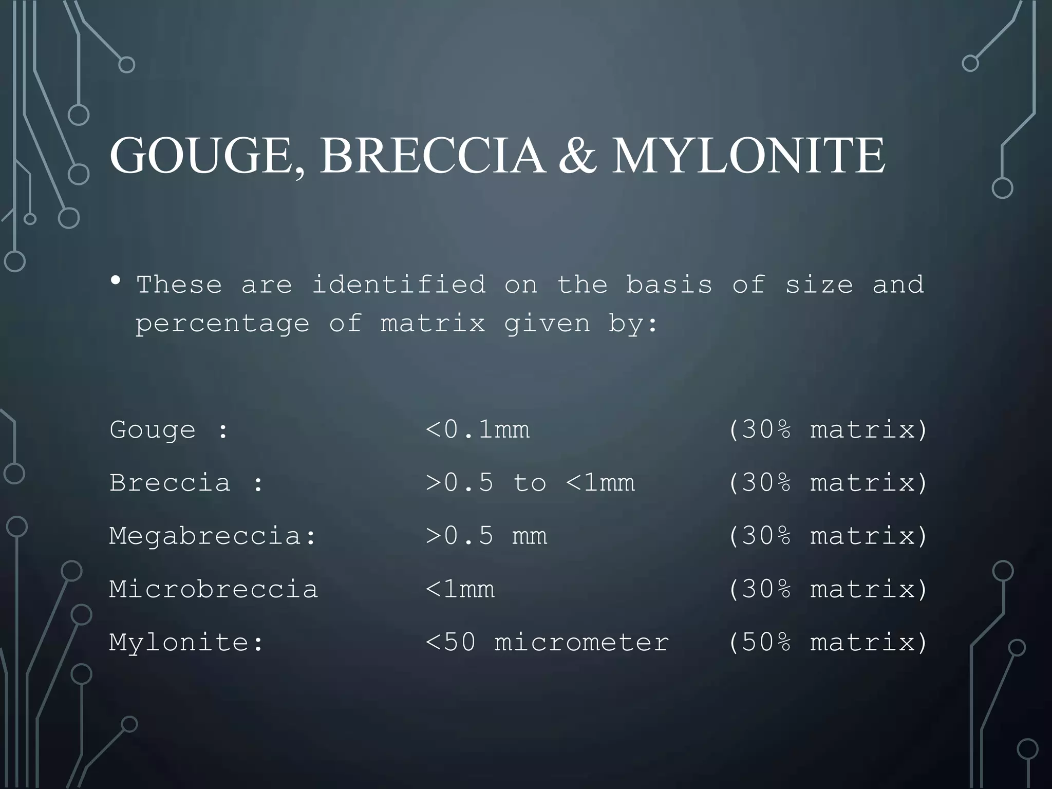 GOUGE, BRECCIA & MYLONITE
• These are identified on the basis of size and
percentage of matrix given by:
Gouge : <0.1mm (30% matrix)
Breccia : >0.5 to <1mm (30% matrix)
Megabreccia: >0.5 mm (30% matrix)
Microbreccia <1mm (30% matrix)
Mylonite: <50 micrometer (50% matrix)
 