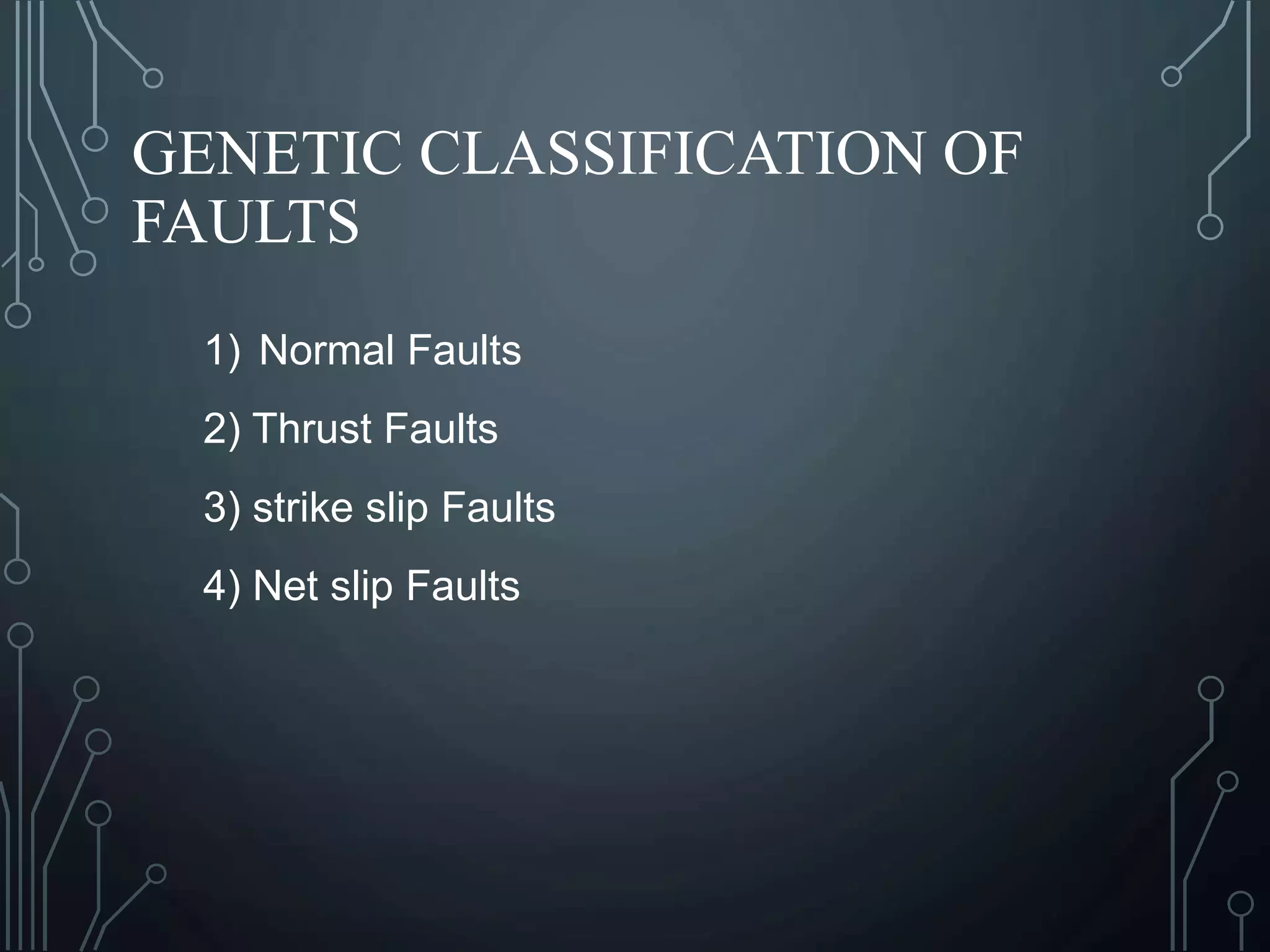 GENETIC CLASSIFICATION OF
FAULTS
1) Normal Faults
2) Thrust Faults
3) strike slip Faults
4) Net slip Faults
 