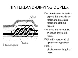 HINTERLAND-DIPPING DUPLEX
The imbricate faults in a
duplex dip towards the
hinterland is called a
hinterland dipping
duplex.
Blocks are surrounded
by thrust are called
horses.
Usually composed of
upward facing horses.
Here
displacement<length of
horse
 