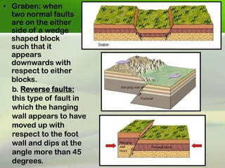 •Graben: when two normal faults are on the either side of a wedge shaped block such that it appears downwards with respect to either blocks. 
b. Reverse faults: this type of fault in which the hanging wall appears to have moved up with respect to the foot wall and dips at the angle more than 45 degrees.  