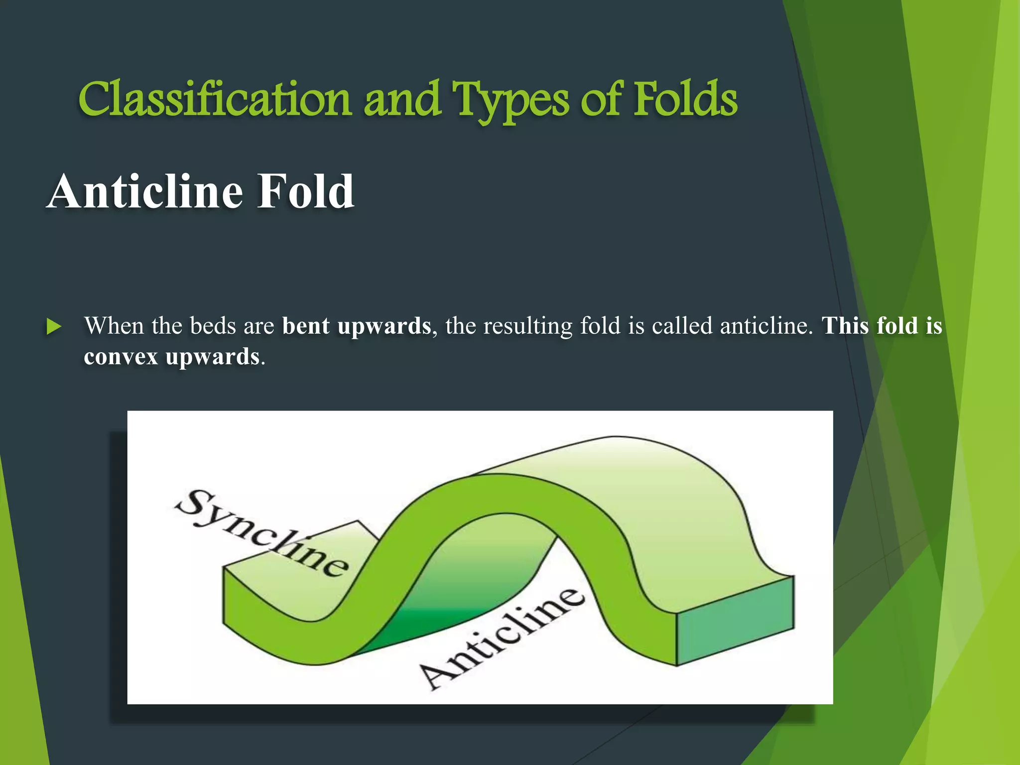 Classification and Types of Folds
Anticline Fold
 When the beds are bent upwards, the resulting fold is called anticline. This fold is
convex upwards.
 