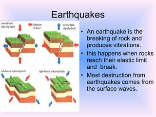 Earthquakes An earthquake is the breaking of rock and produces vibrations. this happens when rocks reach their elastic limit and  break. Most destruction from earthquakes comes from the surface waves. 