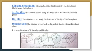 Slip and Separation: Slip may be deﬁned as the relative motion of rock
blocks along fault planes.
Strike Slip: The slip that occurs along the direction of the strike of the fault
plane.
Dip Slip: The slip that occurs along the direction of the dip of the fault plane.
Oblique Slip: The slip that occurs both in dip and strike directions of the fault
plane.
It is a combination of Strike slip and Dip slip.
 