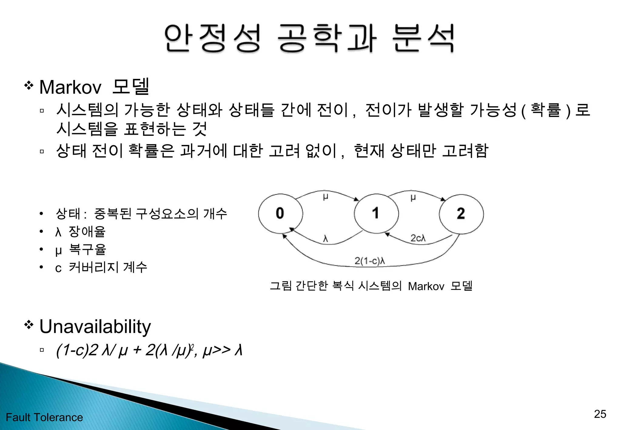  Markov 모델
▫ 시스템의 가능한 상태와 상태들 간에 전이 , 전이가 발생할 가능성 ( 확률 ) 로
시스템을 표현하는 것
▫ 상태 전이 확률은 과거에 대한 고려 없이 , 현재 상태만 고려함
• 상태 : 중복된 구성요소의 개수
• λ 장애율
• μ 복구율
• c 커버리지 계수
그림 간단한 복식 시스템의 Markov 모델
 Unavailability
▫ (1-c)2 λ/ µ + 2(λ /µ)2
, µ>> λ
Fault Tolerance 25
 