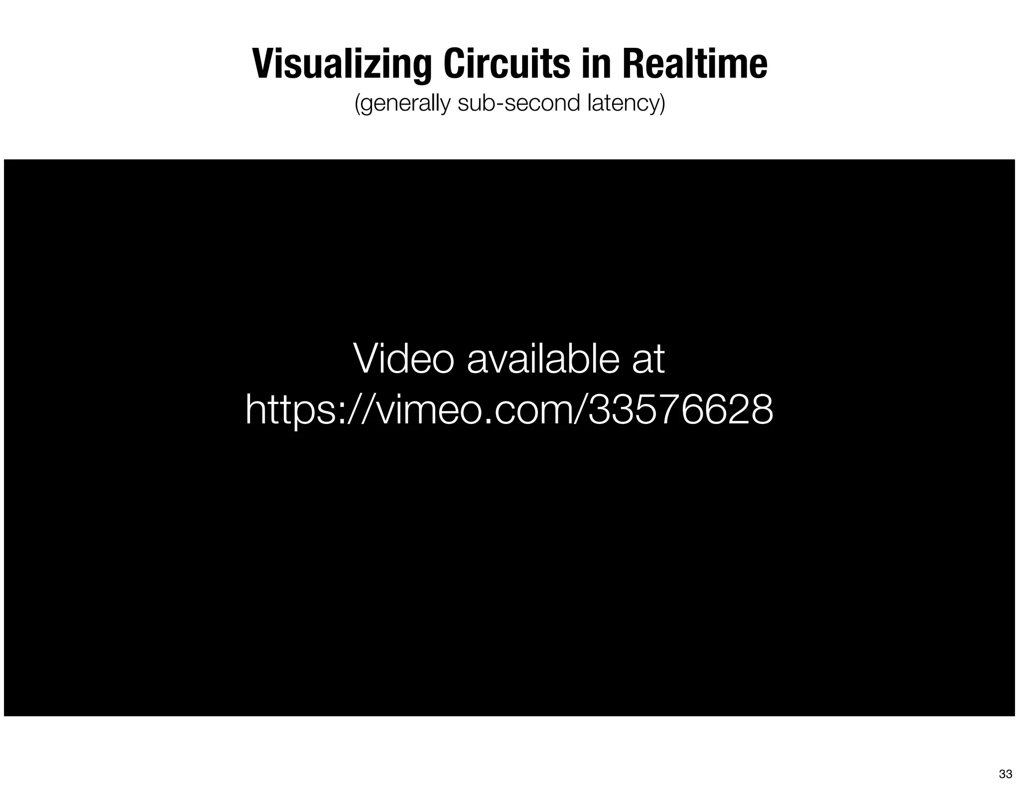 Visualizing Circuits in Realtime
      (generally sub-second latency)




      Video available at
https://vimeo.com/33576628




                                       33
 