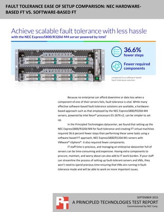 SEPTEMBER 2015
A PRINCIPLED TECHNOLOGIES TEST REPORT
Commissioned by NEC Corp.
FAULT TOLERANCE EASE OF SETUP COMPARISON: NEC HARDWARE-
BASED FT VS. SOFTWARE-BASED FT
Because no enterprise can afford downtime or data loss when a
component of one of their servers fails, fault tolerance is vital. While many
effective software-based fault-tolerance solutions are available, a hardware-
based approach such as that employed by the NEC Express5800/R320d-M4
servers, powered by Intel Xeon® processors E5-2670 v2, can be simpler to set
up.
In the Principled Technologies datacenter, we found that setting up the
NEC Express5800/R320d-M4 for fault tolerance and creating FT virtual machines
required 36.6 percent fewer steps than performing these same tasks using a
software-based FT approach, NEC Express5800/R120d-M1 servers with
VMware® vSphere®. It also required fewer components.
IT staff time is precious, and managing an enterprise datacenter full of
servers can be time-consuming and expensive. Having extra components to
procure, maintain, and worry about can also add to IT work burden. If your staff
can streamline the process of setting up fault-tolerant servers and VMs, they
won’t need to spend precious time ensuring that VMs are running in fault-
tolerance mode and will be able to work on more important issues.
 