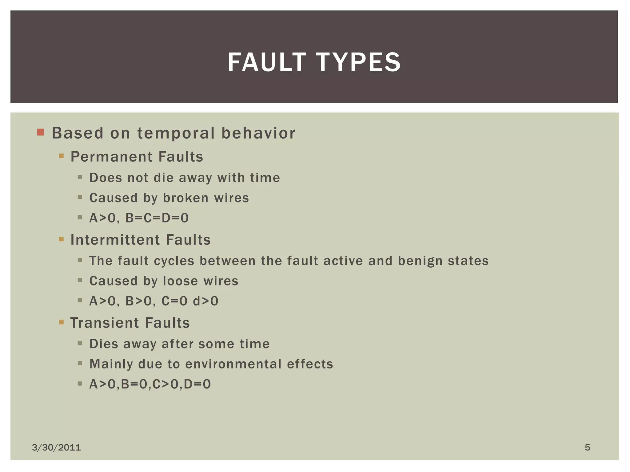Based on temporal behaviorPermanent FaultsDoes not die away with timeCaused by broken wiresA>0, B=C=D=0Intermittent FaultsThe fault cycles between the fault active and benign statesCaused by loose wiresA>0, B>0, C=0 d>0Transient FaultsDies away after some timeMainly due to environmental effectsA>0,B=0,C>0,D=04/9/20105Fault types