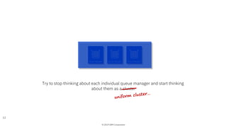 © 2019 IBM Corporation
uniform cluster…
12
Try to stop thinking about each individual queue manager and start thinking
about them as a cluster
Queue Manager Queue Manager Queue Manager
 