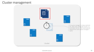 © 2019 IBM Corporation
cluster
FR
directoryQMGRFR
QMGR
QMGR
QMGR
QMGR
QMGR
If a queue manager is simply switched
off, rather than exiting the cluster in a
controlled manner, it will eventually be
cleaned from every queue manager’s
cache
Cluster management
18
 