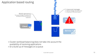 © 2019 IBM Corporation
App 1App 1Client 1
QMgr
QMgr
QMgr
• Cluster workload balancing does not take into account the
availability of receiving applications
• Or a build up of messages on a queue
Service 1
Service 1
Blissful ignorance
This queue manager is unaware of
the failure to one of the service
instances
Unserviced messages
Half the messages will quickly start
to build up on the service queue
Application based routing
50
 