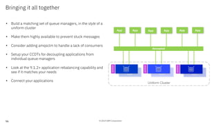 © 2019 IBM Corporation
Uniform Cluster
56
App App
Bringing it all together
• Build a matching set of queue managers, in the style of a
uniform cluster
• Make them highly available to prevent stuck messages
• Consider adding amqsclm to handle a lack of consumers
• Setup your CCDTs for decoupling applications from
individual queue managers
• Look at the 9.1.2+ application rebalancing capability and
see if it matches your needs
• Connect your applications
App App App App
amqsclm
amqsclm
amqsclm
decoupled
 