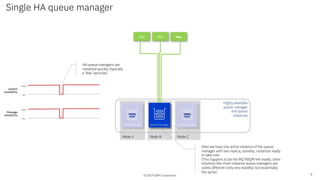 © 2019 IBM Corporation
Node B Node CNode A
Single HA queue manager
7
App App App
Queue Manager Queue ManagerQueue Manager
Highly available
queue manager
and queue
instances
100%
0%
100%
0%
HA queue managers are
restarted quickly (typically
a ‘few’ seconds)
System
availability
Message
availability
Here we have one active instance of the queue
manager with two replica, standby, instances ready
to take over.
(This happens to be the MQ RDQM HA model, other
solutions like multi-instance queue managers are
subtly different (only one standby) but essentially
the same)
 