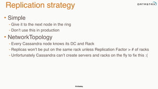 @chbatey
Replication strategy
• Simple
- Give it to the next node in the ring
- Don’t use this in production
• NetworkTopology
- Every Cassandra node knows its DC and Rack
- Replicas won’t be put on the same rack unless Replication Factor > # of racks
- Unfortunately Cassandra can’t create servers and racks on the fly to fix this :(
 