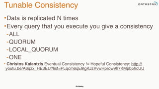 @chbatey
Tunable Consistency
•Data is replicated N times
•Every query that you execute you give a consistency
-ALL
-QUORUM
-LOCAL_QUORUM
-ONE
• Christos Kalantzis Eventual Consistency != Hopeful Consistency: http://
youtu.be/A6qzx_HE3EU?list=PLqcm6qE9lgKJzVvwHprow9h7KMpb5hcUU
 