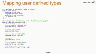 @chbatey
Mapping user deﬁned types
@UDT(keyspace = "customers", name = "store") 
public class Store { 
private String name; 
private StoreType type; 
private String postcode;
// getters etc
}
@Table(keyspace = "customers", name = "customer_events_type") 
public class CustomerEventType { 
@PartitionKey 
@Column(name = "customer_id") 
private String customerId; 
 
@ClusteringColumn() 
private UUID time; 
 
@Column(name = "staff_id") 
private String staffId; 
 
@Frozen 
private Store store; 
 
@Column(name = "event_type") 
private String eventType; 
 
private Map<String, String> tags; 
 