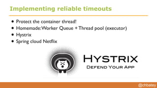 @chbatey
Implementing reliable timeouts
• Protect the container thread!
• Homemade:Worker Queue + Thread pool (executor)
• Hystrix
• Spring cloud Netﬂix
 