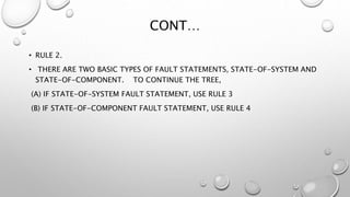 CONT…
• RULE 2.
• THERE ARE TWO BASIC TYPES OF FAULT STATEMENTS, STATE-OF-SYSTEM AND
STATE-OF-COMPONENT. TO CONTINUE THE TREE,
(A) IF STATE-OF-SYSTEM FAULT STATEMENT, USE RULE 3
(B) IF STATE-OF-COMPONENT FAULT STATEMENT, USE RULE 4
 