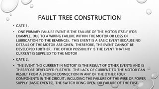 FAULT TREE CONSTRUCTION
• GATE 1.
• ONE PRIMARY FAILURE EVENT IS THE FAILURE OF THE MOTOR ITSELF (FOR
EXAMPLE, DUE TO A WIRING FAILURE WITHIN THE MOTOR OR LOSS OF
LUBRICATION TO THE BEARINGS). THIS EVENT IS A BASIC EVENT BECAUSE NO
DETAILS OF THE MOTOR ARE GIVEN, THEREFORE, THE EVENT CANNOT BE
DEVELOPED FURTHER. THE OTHER POSSIBILITY IS THE EVENT THAT NO
CURRENT IS SUPPLIED TO THE MOTOR
• GATE 2.
• THE EVENT “NO CURRENT IN MOTOR” IS THE RESULT OF OTHER EVENTS AND IS
THEREFORE DEVELOPED FURTHER. THE LACK OF CURRENT TO THE MOTOR CAN
RESULT FROM A BROKEN CONNECTION IN ANY OF THE OTHER FOUR
COMPONENTS IN THE CIRCUIT, INCLUDING THE FAILURE OF THE WIRE OR POWER
SUPPLY (BASIC EVENTS), THE SWITCH BEING OPEN, OR FAILURE OF THE FUSE.
 