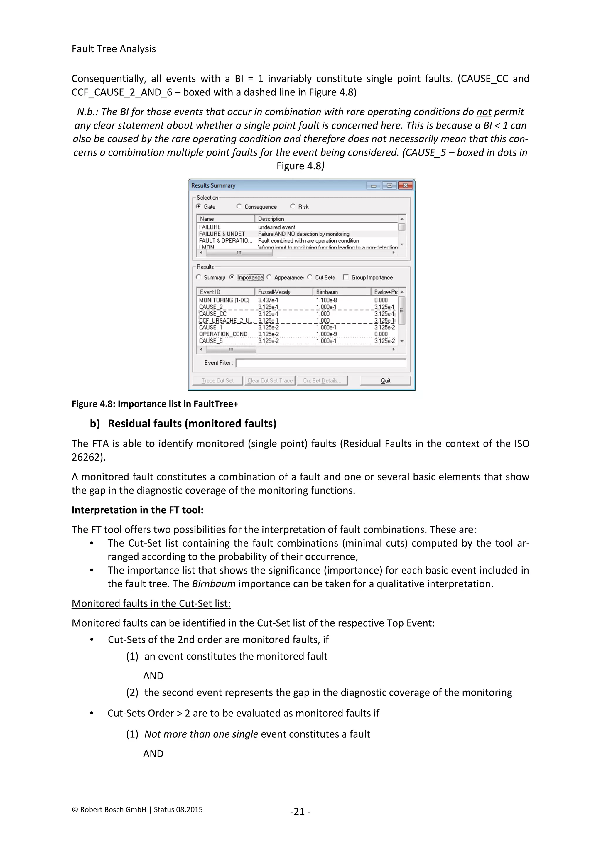 Fault Tree Analysis
© Robert Bosch GmbH | Status 08.2015 -21 -
Consequentially, all events with a BI = 1 invariably constitute single point faults. (CAUSE_CC and
CCF_CAUSE_2_AND_6 – boxed with a dashed line in Figure 4.8)
N.b.: The BI for those events that occur in combination with rare operating conditions do not permit
any clear statement about whether a single point fault is concerned here. This is because a BI < 1 can
also be caused by the rare operating condition and therefore does not necessarily mean that this con-
cerns a combination multiple point faults for the event being considered. (CAUSE_5 – boxed in dots in
Figure 4.8)
Figure 4.8: Importance list in FaultTree+
b) Residual faults (monitored faults)
The FTA is able to identify monitored (single point) faults (Residual Faults in the context of the ISO
26262).
A monitored fault constitutes a combination of a fault and one or several basic elements that show
the gap in the diagnostic coverage of the monitoring functions.
Interpretation in the FT tool:
The FT tool offers two possibilities for the interpretation of fault combinations. These are:
• The Cut-Set list containing the fault combinations (minimal cuts) computed by the tool ar-
ranged according to the probability of their occurrence,
• The importance list that shows the significance (importance) for each basic event included in
the fault tree. The Birnbaum importance can be taken for a qualitative interpretation.
Monitored faults in the Cut-Set list:
Monitored faults can be identified in the Cut-Set list of the respective Top Event:
• Cut-Sets of the 2nd order are monitored faults, if
(1) an event constitutes the monitored fault
AND
(2) the second event represents the gap in the diagnostic coverage of the monitoring
• Cut-Sets Order > 2 are to be evaluated as monitored faults if
(1) Not more than one single event constitutes a fault
AND
2020-04-06
-
SOCOS
•••••••••
•••••••••
 