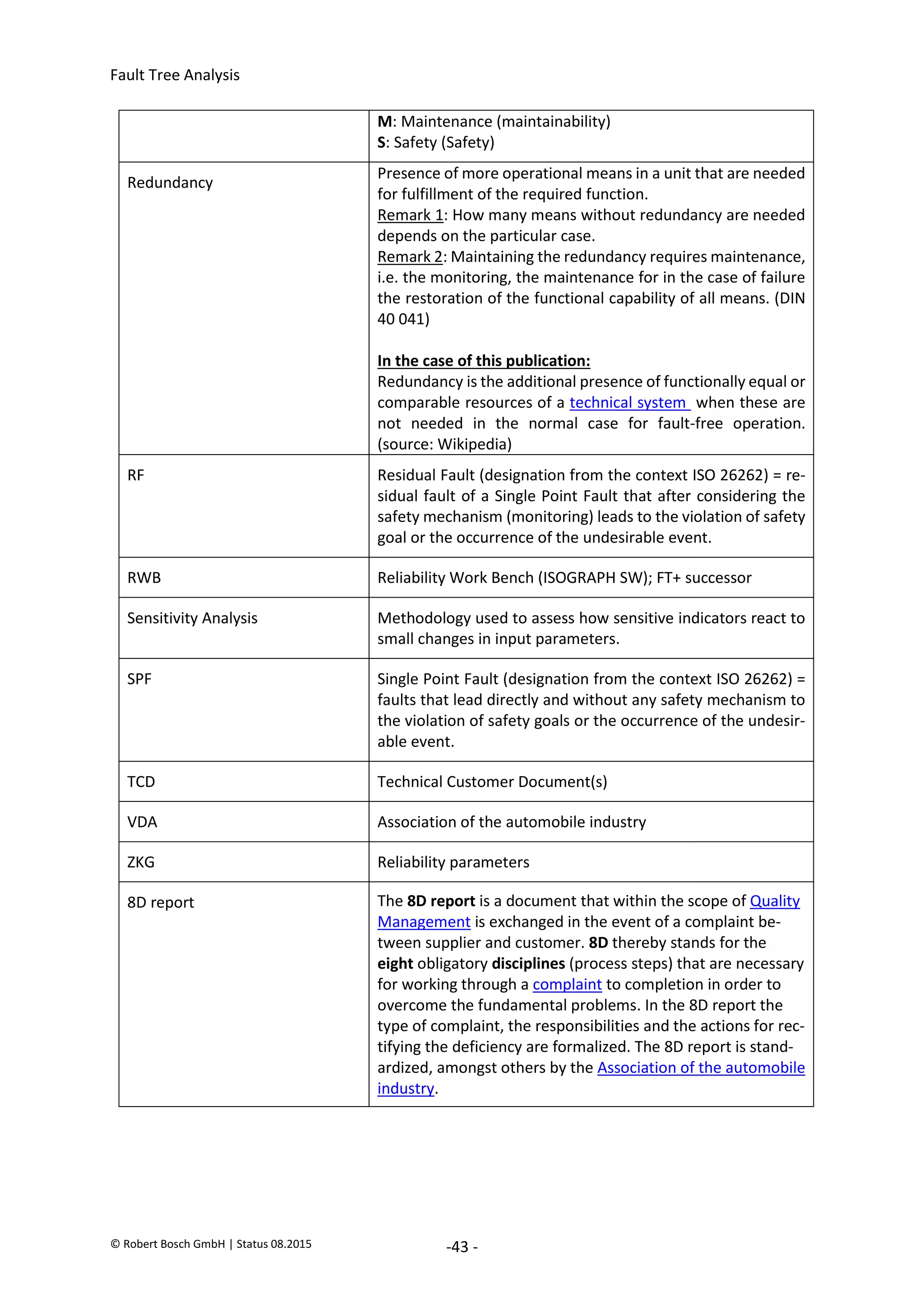 Fault Tree Analysis
© Robert Bosch GmbH | Status 08.2015 -43 -
M: Maintenance (maintainability)
S: Safety (Safety)
Redundancy
Presence of more operational means in a unit that are needed
for fulfillment of the required function.
Remark 1: How many means without redundancy are needed
depends on the particular case.
Remark 2: Maintaining the redundancy requires maintenance,
i.e. the monitoring, the maintenance for in the case of failure
the restoration of the functional capability of all means. (DIN
40 041)
In the case of this publication:
Redundancy is the additional presence of functionally equal or
comparable resources of a technical system when these are
not needed in the normal case for fault-free operation.
(source: Wikipedia)
RF Residual Fault (designation from the context ISO 26262) = re-
sidual fault of a Single Point Fault that after considering the
safety mechanism (monitoring) leads to the violation of safety
goal or the occurrence of the undesirable event.
RWB Reliability Work Bench (ISOGRAPH SW); FT+ successor
Sensitivity Analysis Methodology used to assess how sensitive indicators react to
small changes in input parameters.
SPF Single Point Fault (designation from the context ISO 26262) =
faults that lead directly and without any safety mechanism to
the violation of safety goals or the occurrence of the undesir-
able event.
TCD Technical Customer Document(s)
VDA Association of the automobile industry
ZKG Reliability parameters
8D report The 8D report is a document that within the scope of Quality
Management is exchanged in the event of a complaint be-
tween supplier and customer. 8D thereby stands for the
eight obligatory disciplines (process steps) that are necessary
for working through a complaint to completion in order to
overcome the fundamental problems. In the 8D report the
type of complaint, the responsibilities and the actions for rec-
tifying the deficiency are formalized. The 8D report is stand-
ardized, amongst others by the Association of the automobile
industry.
2020-04-06
-
SOCOS
•••••••••
•••••••••
 
