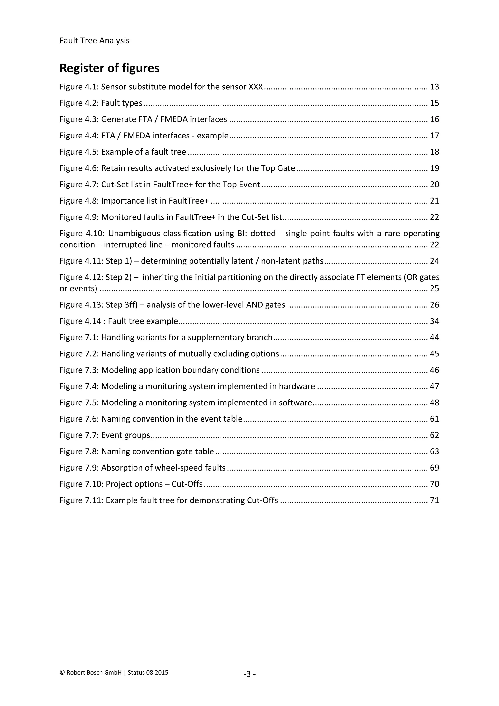 Fault Tree Analysis
© Robert Bosch GmbH | Status 08.2015 -3 -
Register of figures
Figure 4.1: Sensor substitute model for the sensor XXX....................................................................... 13
Figure 4.2: Fault types........................................................................................................................... 15
Figure 4.3: Generate FTA / FMEDA interfaces ...................................................................................... 16
Figure 4.4: FTA / FMEDA interfaces - example...................................................................................... 17
Figure 4.5: Example of a fault tree........................................................................................................ 18
Figure 4.6: Retain results activated exclusively for the Top Gate......................................................... 19
Figure 4.7: Cut-Set list in FaultTree+ for the Top Event........................................................................ 20
Figure 4.8: Importance list in FaultTree+ .............................................................................................. 21
Figure 4.9: Monitored faults in FaultTree+ in the Cut-Set list............................................................... 22
Figure 4.10: Unambiguous classification using BI: dotted - single point faults with a rare operating
condition – interrupted line – monitored faults ................................................................................... 22
Figure 4.11: Step 1) – determining potentially latent / non-latent paths............................................. 24
Figure 4.12: Step 2) – inheriting the initial partitioning on the directly associate FT elements (OR gates
or events) .............................................................................................................................................. 25
Figure 4.13: Step 3ff) – analysis of the lower-level AND gates ............................................................. 26
Figure 4.14 : Fault tree example............................................................................................................ 34
Figure 7.1: Handling variants for a supplementary branch................................................................... 44
Figure 7.2: Handling variants of mutually excluding options................................................................ 45
Figure 7.3: Modeling application boundary conditions ........................................................................ 46
Figure 7.4: Modeling a monitoring system implemented in hardware ................................................ 47
Figure 7.5: Modeling a monitoring system implemented in software.................................................. 48
Figure 7.6: Naming convention in the event table................................................................................ 61
Figure 7.7: Event groups........................................................................................................................ 62
Figure 7.8: Naming convention gate table............................................................................................ 63
Figure 7.9: Absorption of wheel-speed faults....................................................................................... 69
Figure 7.10: Project options – Cut-Offs................................................................................................. 70
Figure 7.11: Example fault tree for demonstrating Cut-Offs ................................................................ 71
2020-04-06
-
SOCOS
•••••••••
•••••••••
 