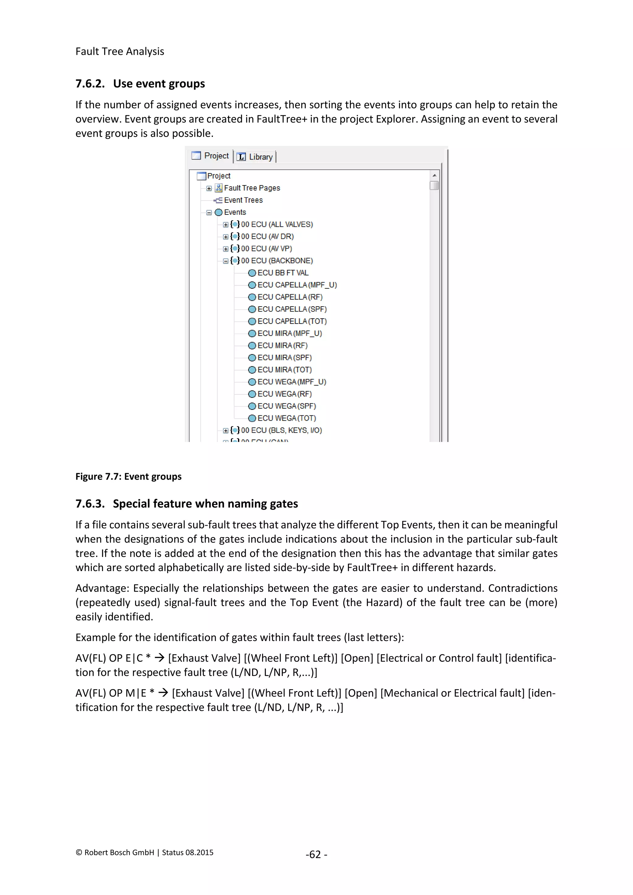 Fault Tree Analysis
© Robert Bosch GmbH | Status 08.2015 -62 -
7.6.2. Use event groups
If the number of assigned events increases, then sorting the events into groups can help to retain the
overview. Event groups are created in FaultTree+ in the project Explorer. Assigning an event to several
event groups is also possible.
Figure 7.7: Event groups
7.6.3. Special feature when naming gates
If a file contains several sub-fault trees that analyze the different Top Events, then it can be meaningful
when the designations of the gates include indications about the inclusion in the particular sub-fault
tree. If the note is added at the end of the designation then this has the advantage that similar gates
which are sorted alphabetically are listed side-by-side by FaultTree+ in different hazards.
Advantage: Especially the relationships between the gates are easier to understand. Contradictions
(repeatedly used) signal-fault trees and the Top Event (the Hazard) of the fault tree can be (more)
easily identified.
Example for the identification of gates within fault trees (last letters):
AV(FL) OP E|C *  [Exhaust Valve] [(Wheel Front Left)] [Open] [Electrical or Control fault] [identifica-
tion for the respective fault tree (L/ND, L/NP, R,...)]
AV(FL) OP M|E *  [Exhaust Valve] [(Wheel Front Left)] [Open] [Mechanical or Electrical fault] [iden-
tification for the respective fault tree (L/ND, L/NP, R, ...)]
2020-04-06
-
SOCOS
•••••••••
•••••••••
 