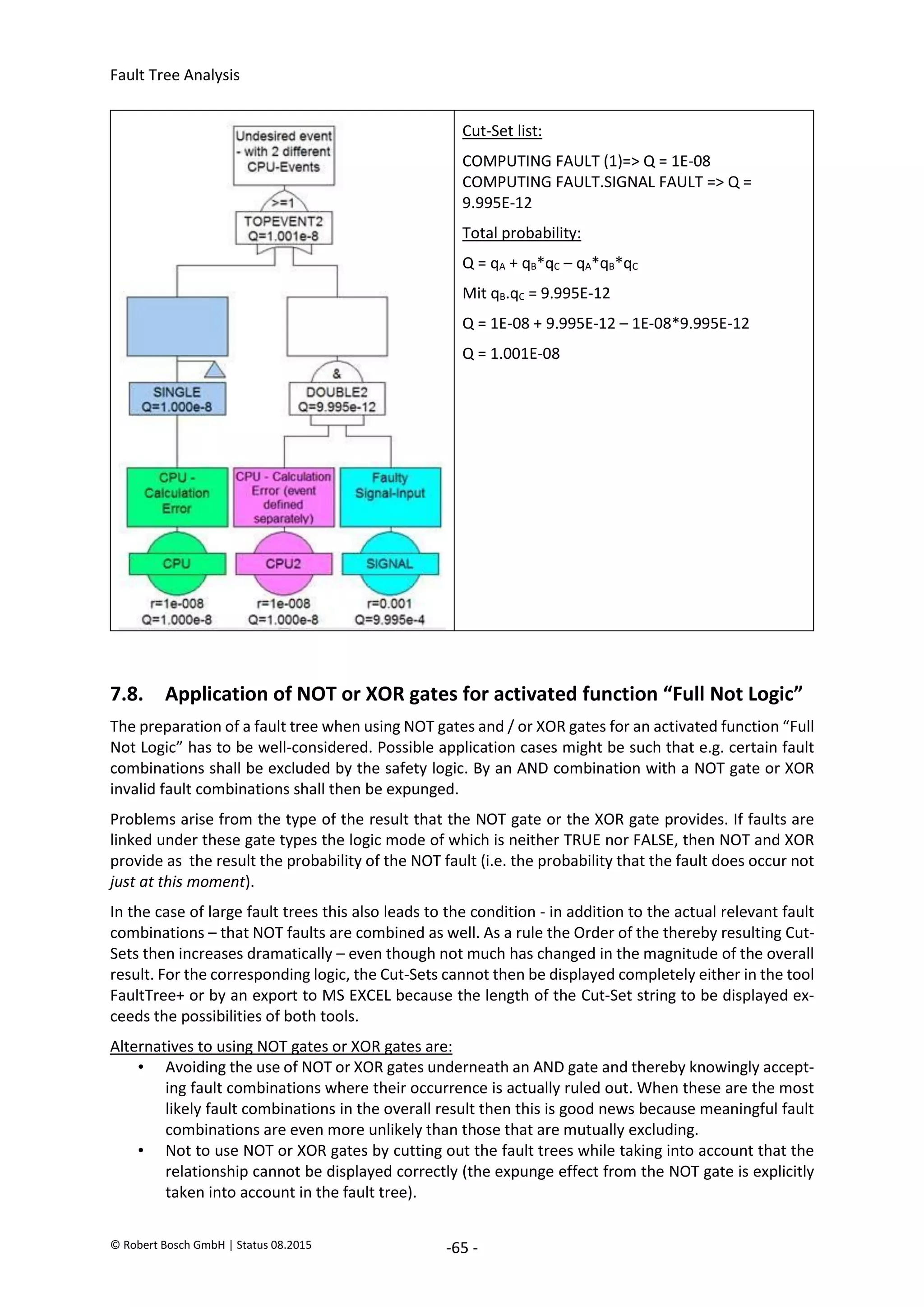 Fault Tree Analysis
© Robert Bosch GmbH | Status 08.2015 -65 -
Cut-Set list:
COMPUTING FAULT (1)=> Q = 1E-08
COMPUTING FAULT.SIGNAL FAULT => Q =
9.995E-12
Total probability:
Q = qA + qB*qC – qA*qB*qC
Mit qB.qC = 9.995E-12
Q = 1E-08 + 9.995E-12 – 1E-08*9.995E-12
Q = 1.001E-08
7.8. Application of NOT or XOR gates for activated function “Full Not Logic”
The preparation of a fault tree when using NOT gates and / or XOR gates for an activated function “Full
Not Logic” has to be well-considered. Possible application cases might be such that e.g. certain fault
combinations shall be excluded by the safety logic. By an AND combination with a NOT gate or XOR
invalid fault combinations shall then be expunged.
Problems arise from the type of the result that the NOT gate or the XOR gate provides. If faults are
linked under these gate types the logic mode of which is neither TRUE nor FALSE, then NOT and XOR
provide as the result the probability of the NOT fault (i.e. the probability that the fault does occur not
just at this moment).
In the case of large fault trees this also leads to the condition - in addition to the actual relevant fault
combinations – that NOT faults are combined as well. As a rule the Order of the thereby resulting Cut-
Sets then increases dramatically – even though not much has changed in the magnitude of the overall
result. For the corresponding logic, the Cut-Sets cannot then be displayed completely either in the tool
FaultTree+ or by an export to MS EXCEL because the length of the Cut-Set string to be displayed ex-
ceeds the possibilities of both tools.
Alternatives to using NOT gates or XOR gates are:
• Avoiding the use of NOT or XOR gates underneath an AND gate and thereby knowingly accept-
ing fault combinations where their occurrence is actually ruled out. When these are the most
likely fault combinations in the overall result then this is good news because meaningful fault
combinations are even more unlikely than those that are mutually excluding.
• Not to use NOT or XOR gates by cutting out the fault trees while taking into account that the
relationship cannot be displayed correctly (the expunge effect from the NOT gate is explicitly
taken into account in the fault tree).
2020-04-06
-
SOCOS
•••••••••
•••••••••
 