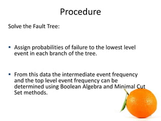 Procedure
13
Solve the Fault Tree:
 Assign probabilities of failure to the lowest level
event in each branch of the tree....