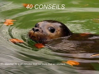40 CONSEILS  1 .-  Marcher 10 à 30 minutes tous les jours tout en souriant.   
