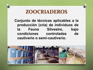 ZOOCRIADEROS
Conjunto de técnicas aplicables a la
producción (cría) de individuos de
la Fauna Silvestre, bajo
condiciones controladas de
cautiverio o semi-cautiverio.
 