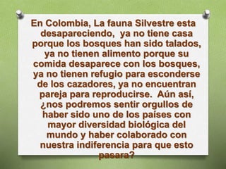 En Colombia, La fauna Silvestre esta
desapareciendo, ya no tiene casa
porque los bosques han sido talados,
ya no tienen alimento porque su
comida desaparece con los bosques,
ya no tienen refugio para esconderse
de los cazadores, ya no encuentran
pareja para reproducirse. Aún así,
¿nos podremos sentir orgullos de
haber sido uno de los países con
mayor diversidad biológica del
mundo y haber colaborado con
nuestra indiferencia para que esto
pasara?
 