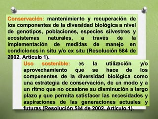 Uso sostenible: es la utilización y/o
aprovechamiento que se hace de los
componentes de la diversidad biológica como
una estrategia de conservación, de un modo y a
un ritmo que no ocasione su disminución a largo
plazo y que permita satisfacer las necesidades y
aspiraciones de las generaciones actuales y
futuras (Resolución 584 de 2002. Artículo 1).
Conservación: mantenimiento y recuperación de
los componentes de la diversidad biológica a nivel
de genotipos, poblaciones, especies silvestres y
ecosistemas naturales, a través de la
implementación de medidas de manejo en
condiciones in situ y/o ex situ (Resolución 584 de
2002. Artículo 1).
 