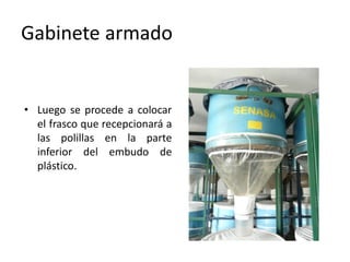 Gabinete armado


• Luego se procede a colocar
  el frasco que recepcionará a
  las polillas en la parte
  inferior del embudo de
  plástico.
 