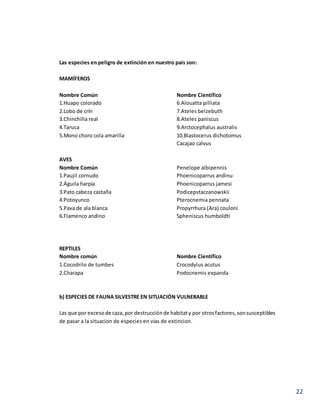 22
Las especies en peligro de extinción en nuestro país son:
MAMÍFEROS
Nombre Común
1.Huapo colorado
2.Lobo de crín
3.Chinchilla real
4.Taruca
5.Mono choro cola amarilla
Nombre Científico
6.Alouatta pilliata
7.Ateles belzebuth
8.Ateles paniscus
9.Arctocephalus australis
10.Blastocerus dichotomus
Cacajao calvus
AVES
Nombre Común
1.Paujil cornudo
2.Águila harpía
3.Pato cabeza castaña
4.Potoyunco
5.Pava de ala blanca
6.Flamenco andino
Penelope albipennis
Phoenicoparrus andinu
Phoenicoparrus jamesi
Podicepstaczanowskii
Pterocnemia pennata
Propyrrhura (Ara) couloni
Spheniscus humboldti
REPTILES
Nombre común
1.Cocodrilo de tumbes
2.Charapa
Nombre Científico
Crocodylus acutus
Podocnemis expanda
b) ESPECIES DE FAUNA SILVESTRE EN SITUACIÓN VULNERABLE
Las que por excesode caza,por destrucciónde habitaty por otrosfactores,sonsusceptibles
de pasar a la situacion de especies en vías de extincion.
 
