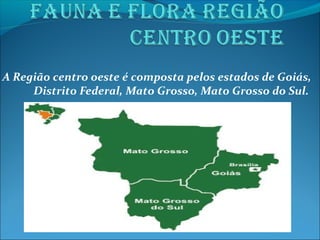 A Região centro oeste é composta pelos estados de Goiás,
Distrito Federal, Mato Grosso, Mato Grosso do Sul.

 