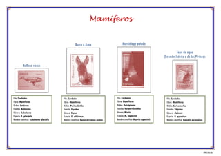 Murciélago patudo
Filo: Cordados
Clase: Mamíferos
Orden: Quirópteros
Familia: Verpertiliónidos
Género: Miotis
Especie: M. capaccinii
Nombre científico: Myotis capaccinii
Filo: Cordados
Clase: Mamíferos
Orden: Cetáceos
Familia: Balénidos
Género: Eubalaena
Especie: E. glacialis
Nombre científico: Eubalaena glacialis
Ballena vasca
Burro o Asno
Filo: Cordados
Clase: Mamíferos
Orden: Perisodáctilos
Familia: Équidos
Género: Equus
Especie: E. africanus
Nombre científico: Equus africanus asinus
Topo de agua
(Desmán ibérico o de los Pirineos
Filo: Cordados
Clase: Mamíferos
Orden: Soricomorfos
Familia: Tálpidos
Género: Galemis
Especie: G. pyrenicus
Nombre científico: Galemis pyrenaicus
Mamíferos
CFNH 2018 06
 