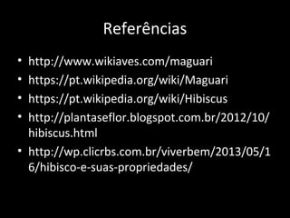 Referências
• http://www.wikiaves.com/maguari
• https://pt.wikipedia.org/wiki/Maguari
• https://pt.wikipedia.org/wiki/Hibiscus
• http://plantaseflor.blogspot.com.br/2012/10/
hibiscus.html
• http://wp.clicrbs.com.br/viverbem/2013/05/1
6/hibisco-e-suas-propriedades/
 