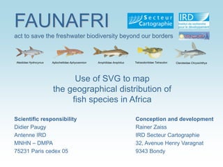 FAUNAFRIFAUNAFRI
act to save the freshwater biodiversity beyond our borders
Conception and development
Rainer Zaiss
IRD Secteur Cartographie
32, Avenue Henry Varagnat
9343 Bondy
Scientific responsibility
Didier Paugy
Antenne IRD
MNHN – DMPA
75231 Paris cedex 05
Claroteidae ChrysichthysAlestidae Hydrocynus Aplocheilidae Aphyosemion Amphilidae Amphilus Tetraodontidae Tetraodon
act to save the freshwater biodiversity beyond our borders
Use of SVG to map
the geographical distribution of
fish species in Africa
 