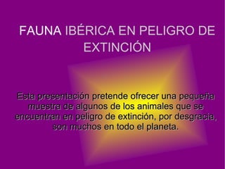 FAUNA  IBÉRICA EN PELIGRO DE EXTINCIÓN Esta presentación pretende ofrecer una pequeña muestra de algunos de los animales que se encuentran en peligro de extinción, por desgracia, son muchos en todo el planeta. 